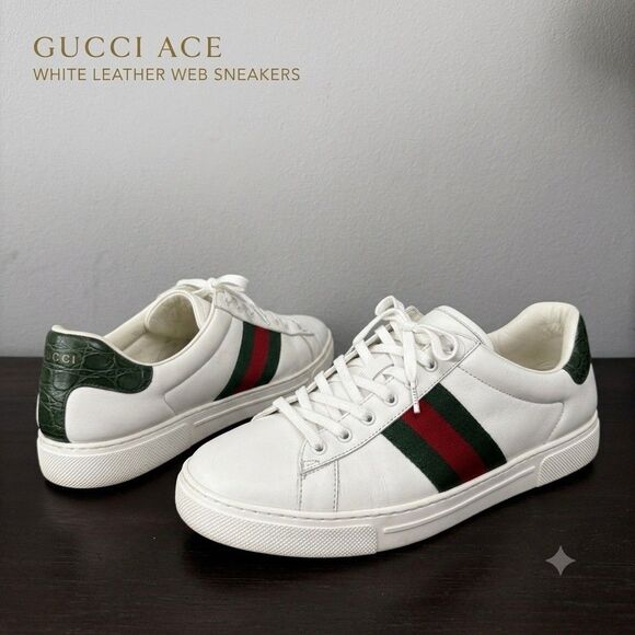 Gucci Ace White Leather Low Top Sneakers Green Red Web Croc Heel Size 11 US 12 main image 6
